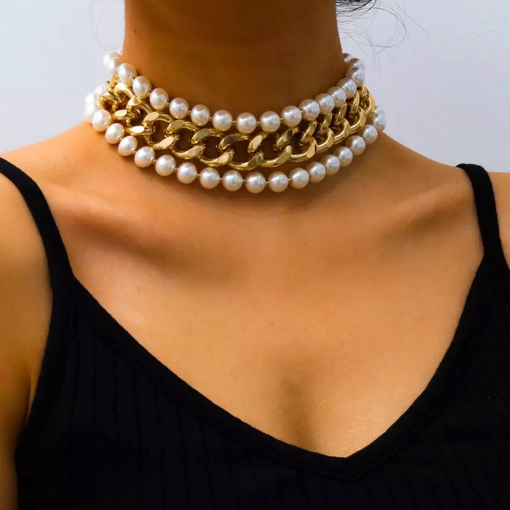 Chunky Gold Chain & Pearl Choker Necklace Set